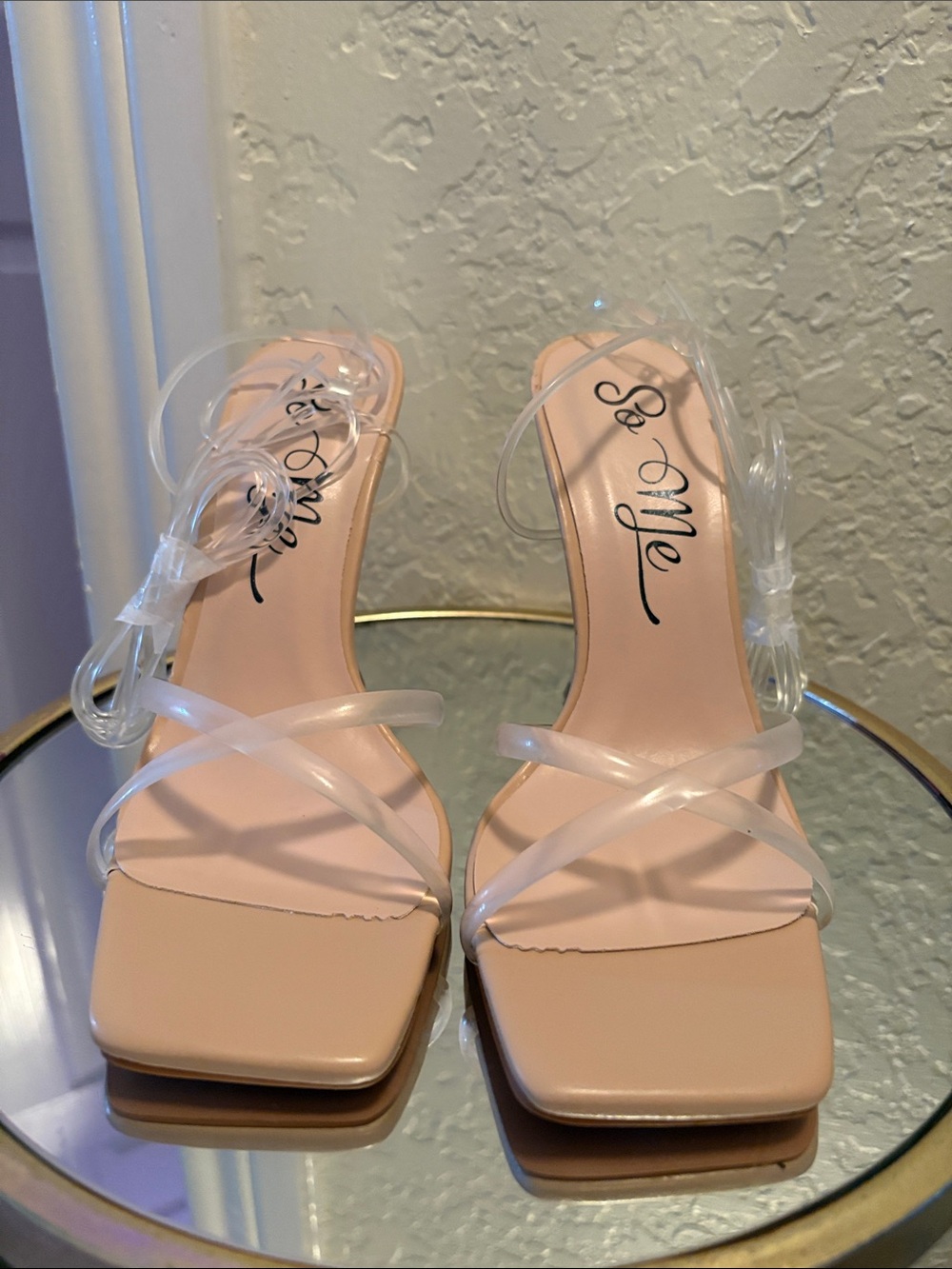 So Me Pink Block Heel Sandals with Clear Straps